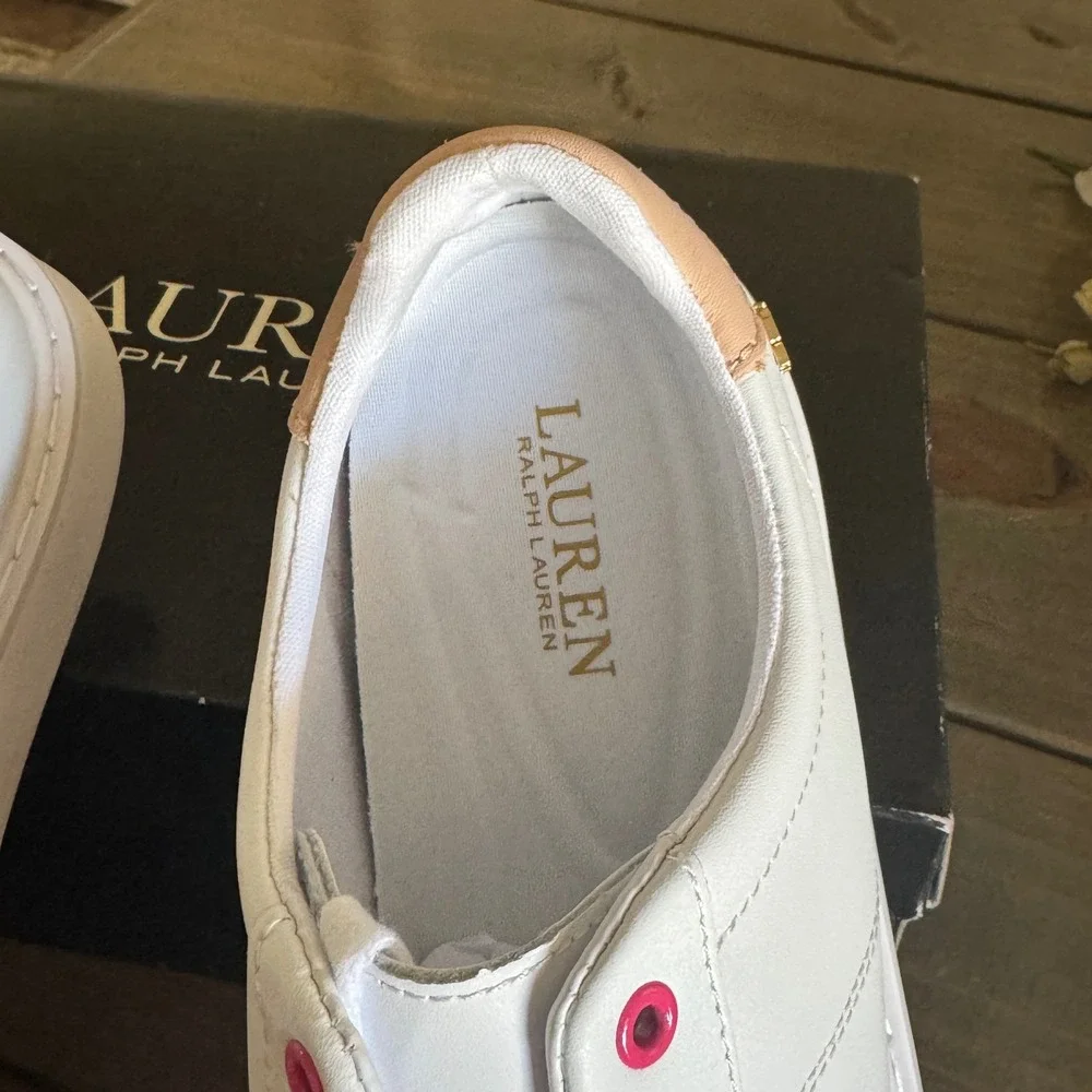 Lauren Ralph Lauren Angeline II Sneakers Womens 10 White Tan Leather Preppy NWB